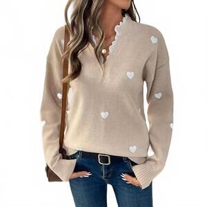 NEW LILY CLOTHING v-neck patchwork lace collar sweater in light khaki